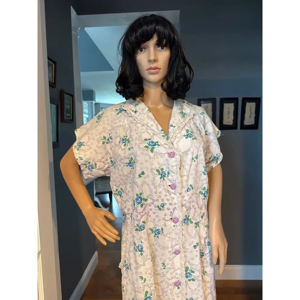 1950s Handmade Floral Day Dress Blue Rose Eyelet Trim Medium